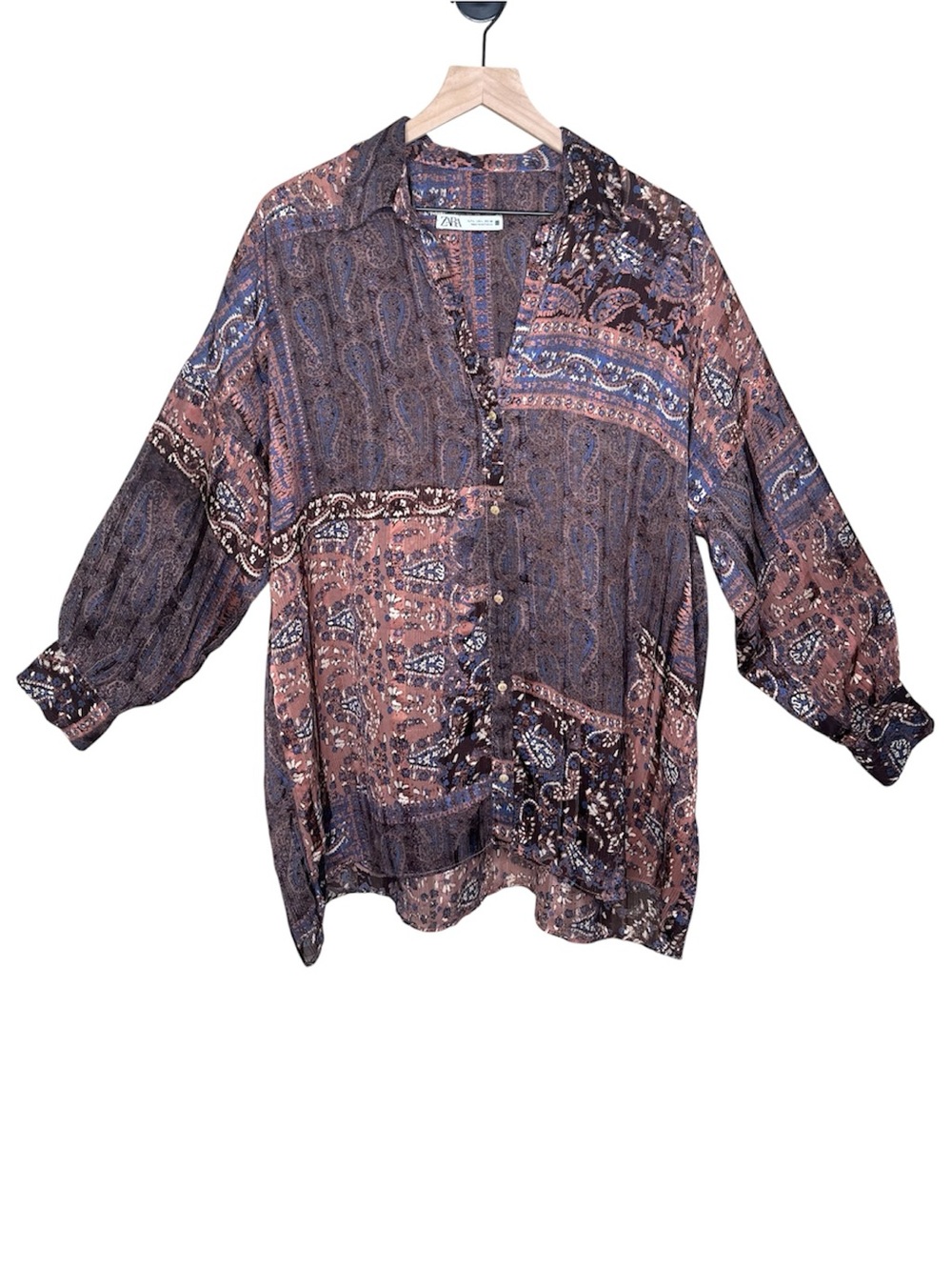 Zara Oversized Mixed Paisley Patchwork Button-Down Blouse